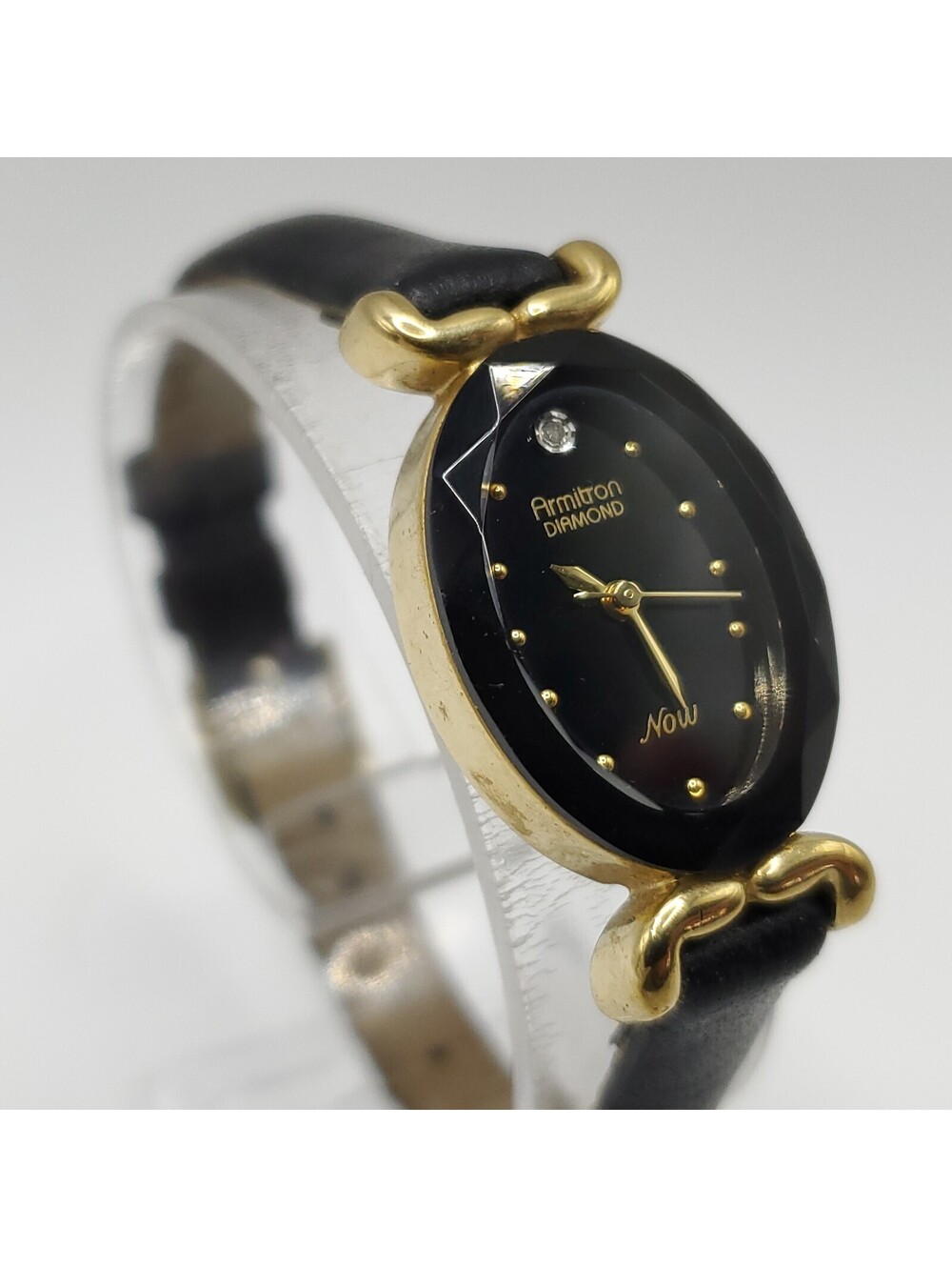 Armitron Diamond Now Black Dial Oval Gold Tone Case Watch New Battery 18mm